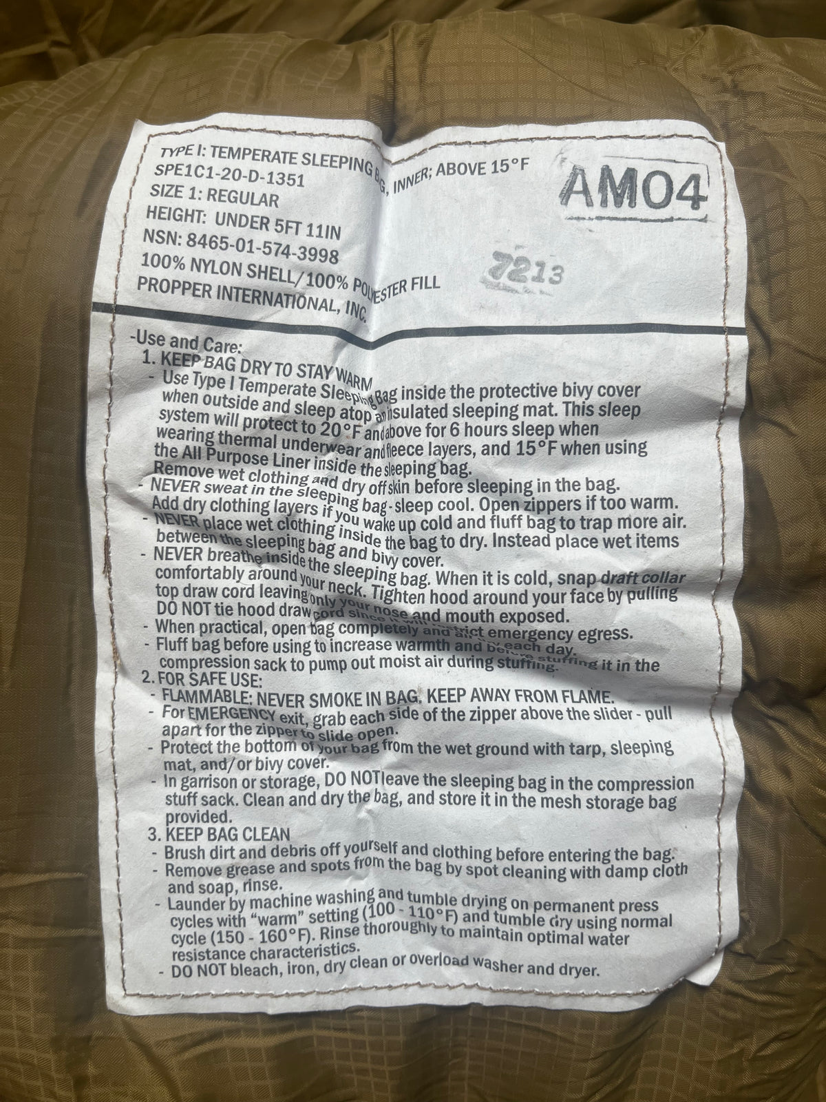 USMC Issue Coyote Temperate Sleeping Bag Coyote Brown Regular