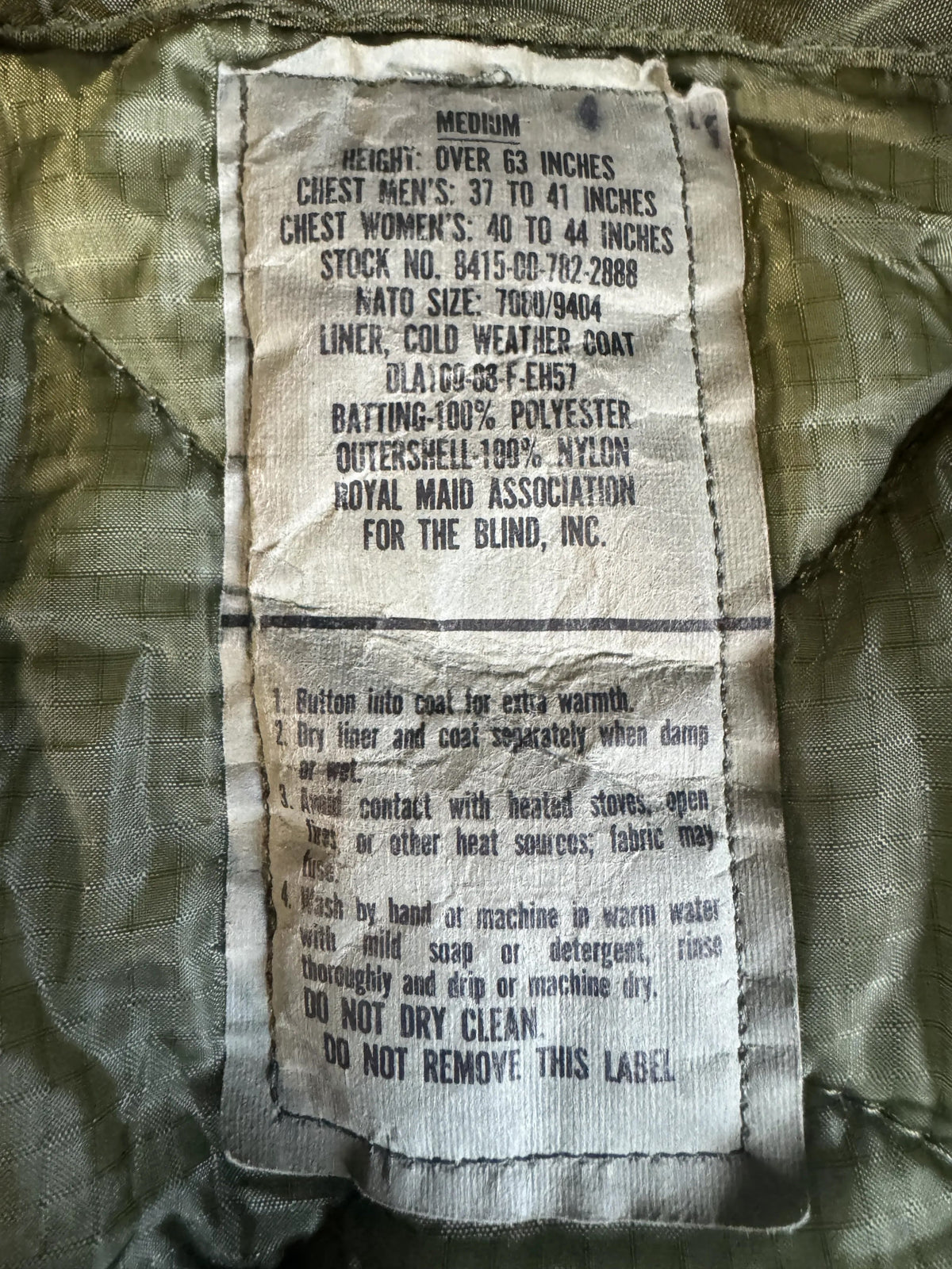 USGI Medium Cold Weather Coat Liner NSN: 8415-00-782-2888 Green