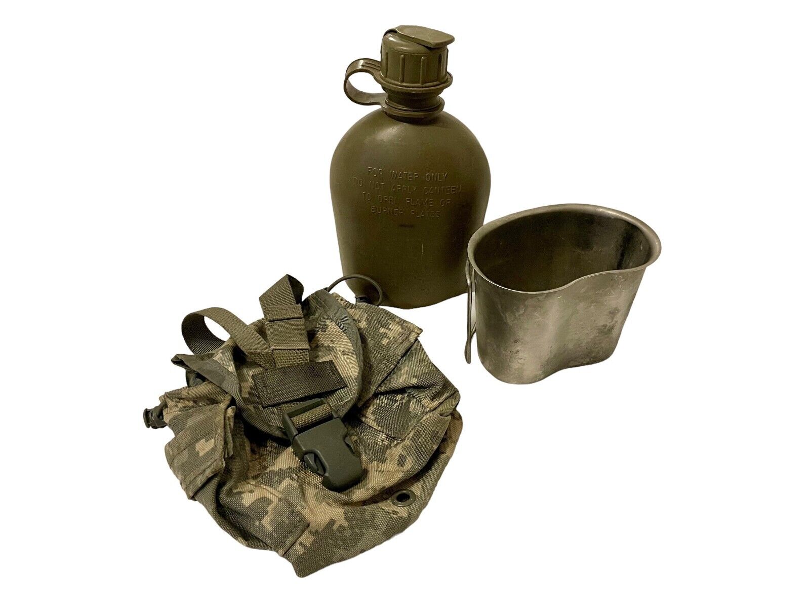 USGI Military 3 Pc Set 1QT OD Canteen w MOLLE ACU Pouch Cover & Stainless Cup