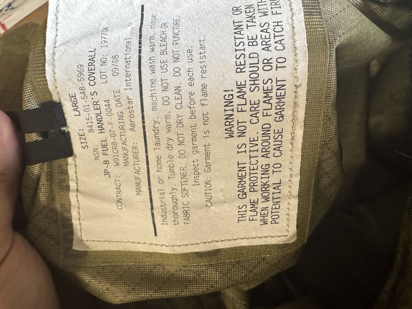 US Military Army Goretex JP-8 Fuel Handlers Coveralls Desert Tan Large