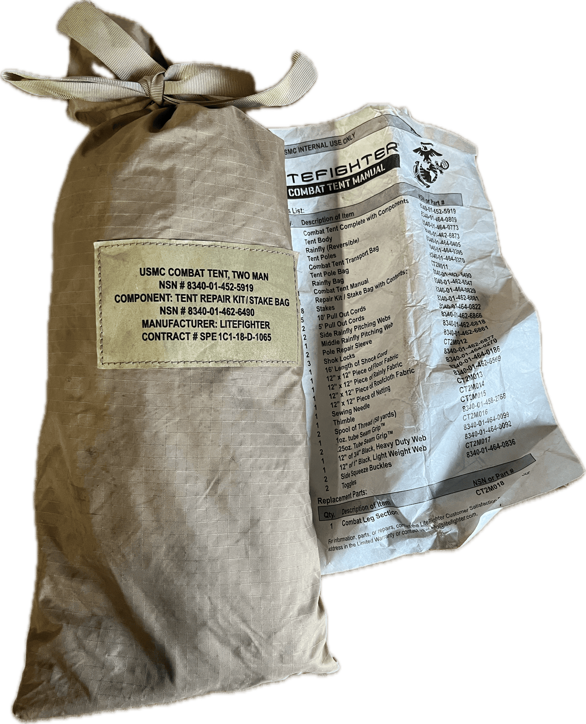 USMC Two Man Combat Tent Stake Bag ONLY Stakes, Straps, and Braided Cord