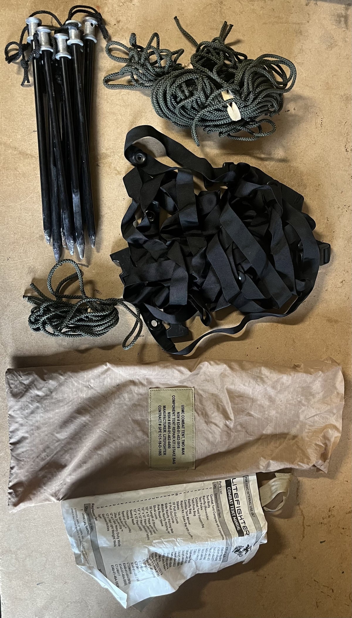 USMC Two Man Combat Tent Stake Bag ONLY Stakes, Straps, and Braided Cord