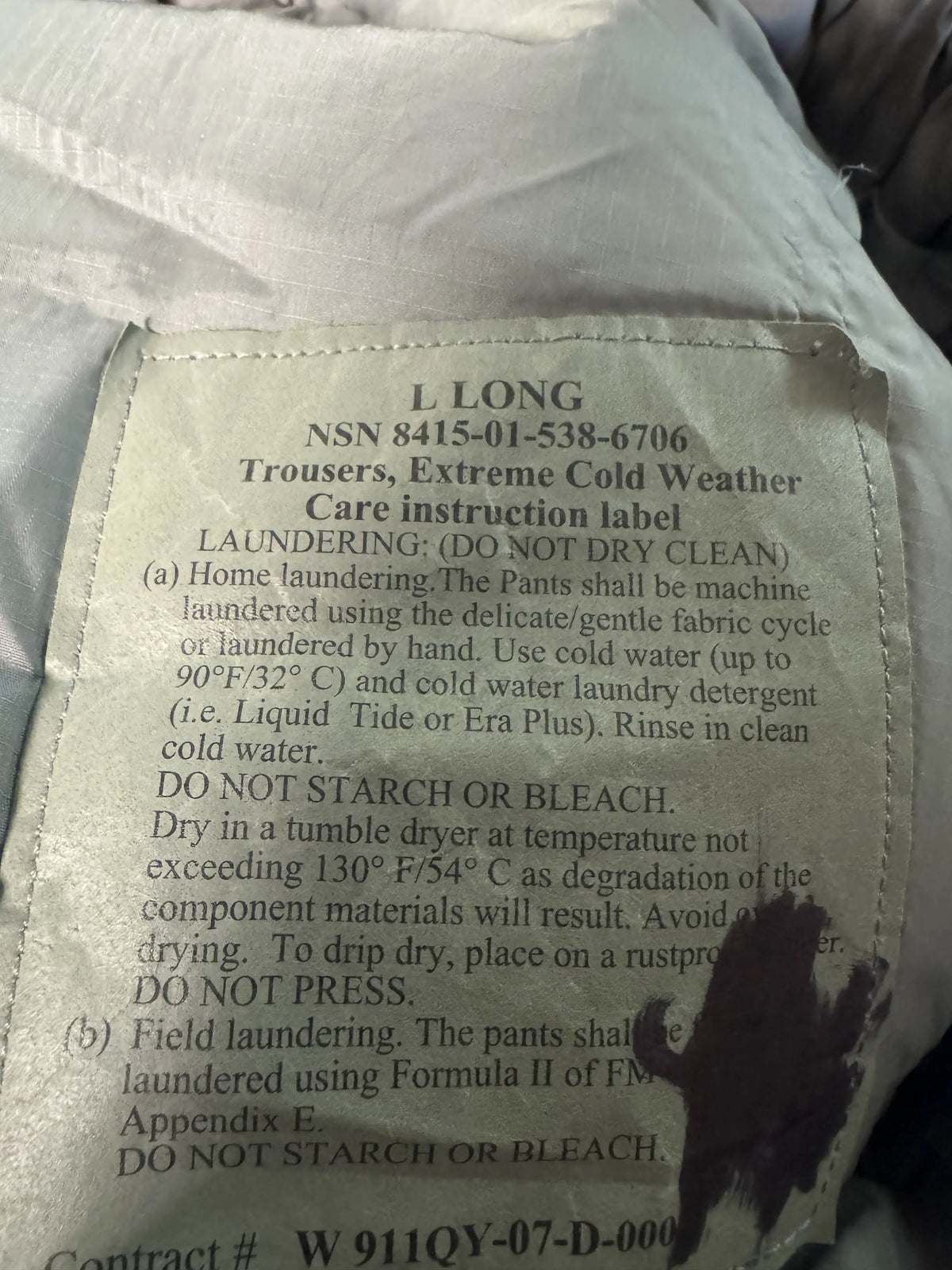 USGI Gen 3 Level 7 Primaloft Extreme Cold Weather Insulated Pants LARGE/LONG