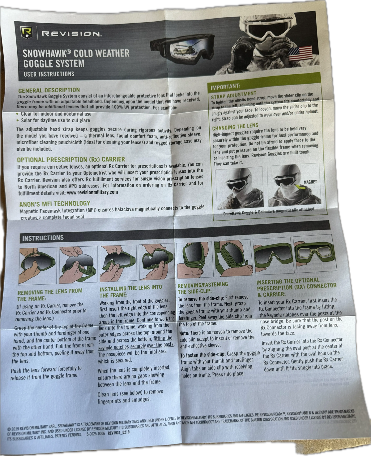 NEW USGI Revision Military SNOWHAWK Goggle System With Smoke Gray/Clear Lens Black