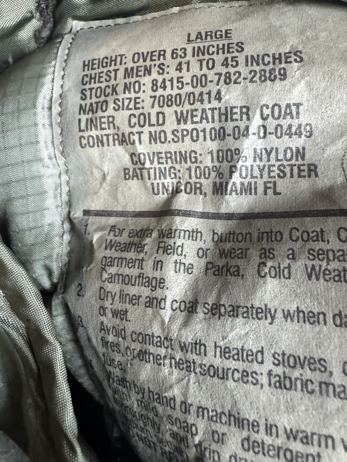 USGI Large Cold Weather Coat Liner NSN: 8415-00-782-2889 Green