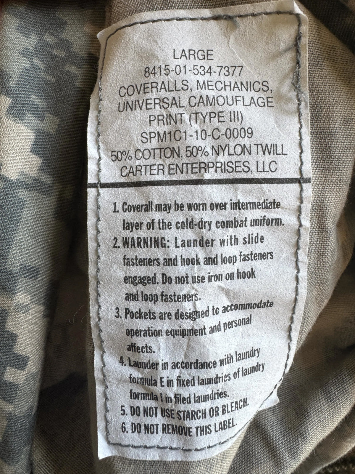 Large ACU Camo Mechanics Coveralls NSN 8415-01-534-7377