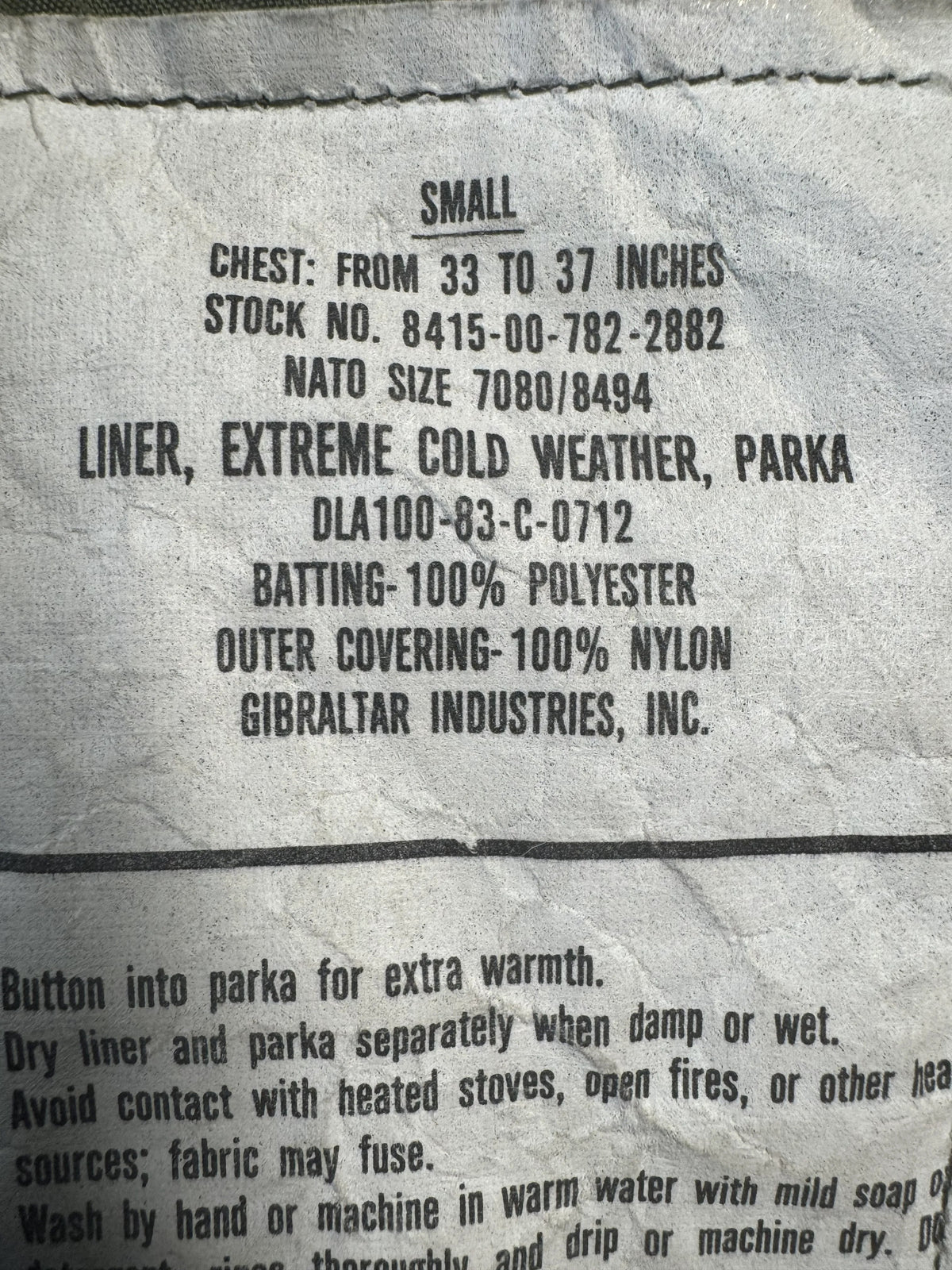 Small Extreme Cold Weather parka Liner OD Green NSN 8415-00-782-2882