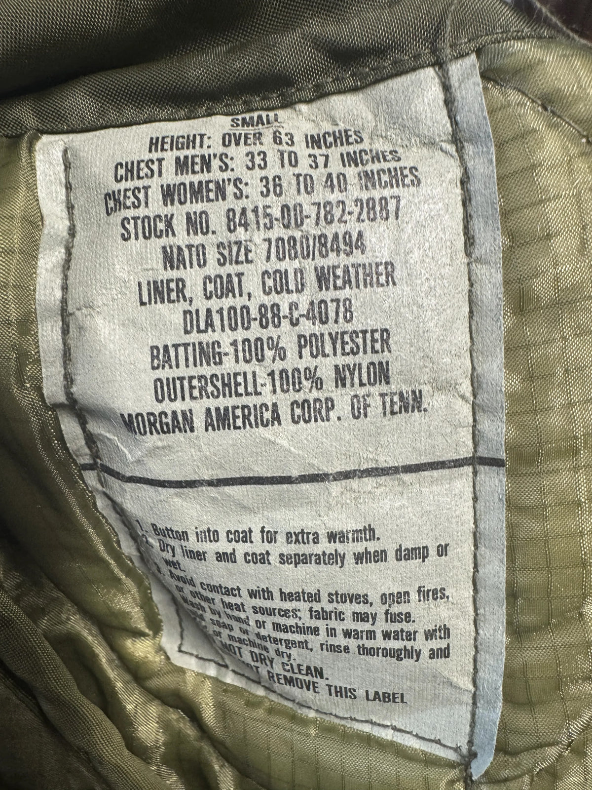 Fair Condition Military M65 Cold Weather Coat Liner Size Small OD Green 8415-00-782-2887