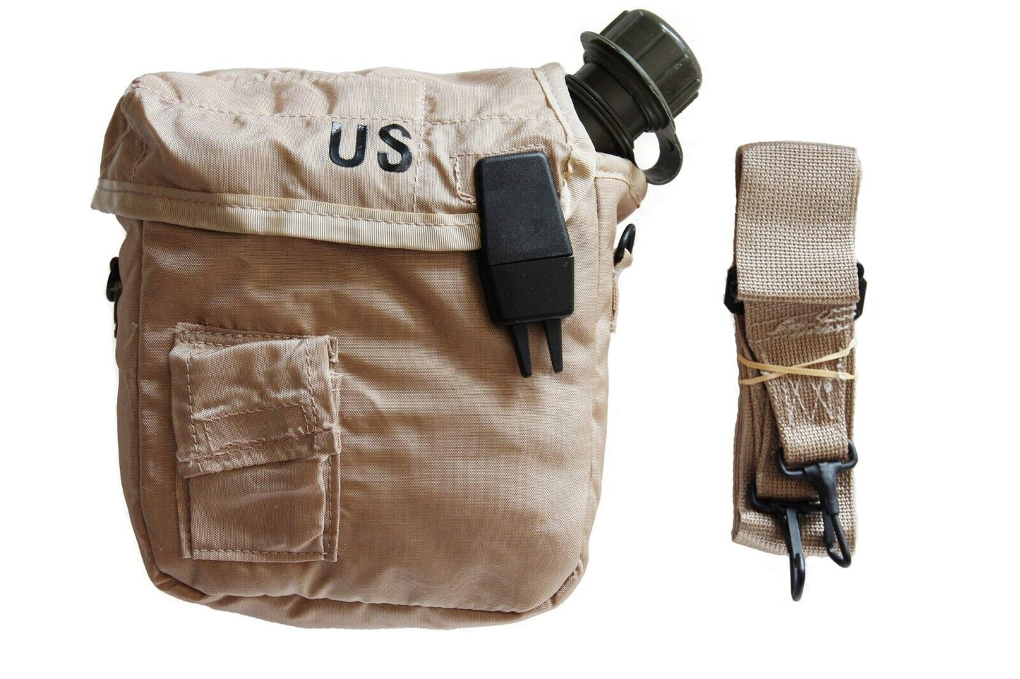 Used USGI Collapsible Water Canteen / NEW Canteen Cover w Strap 2 Qt Desert Tan